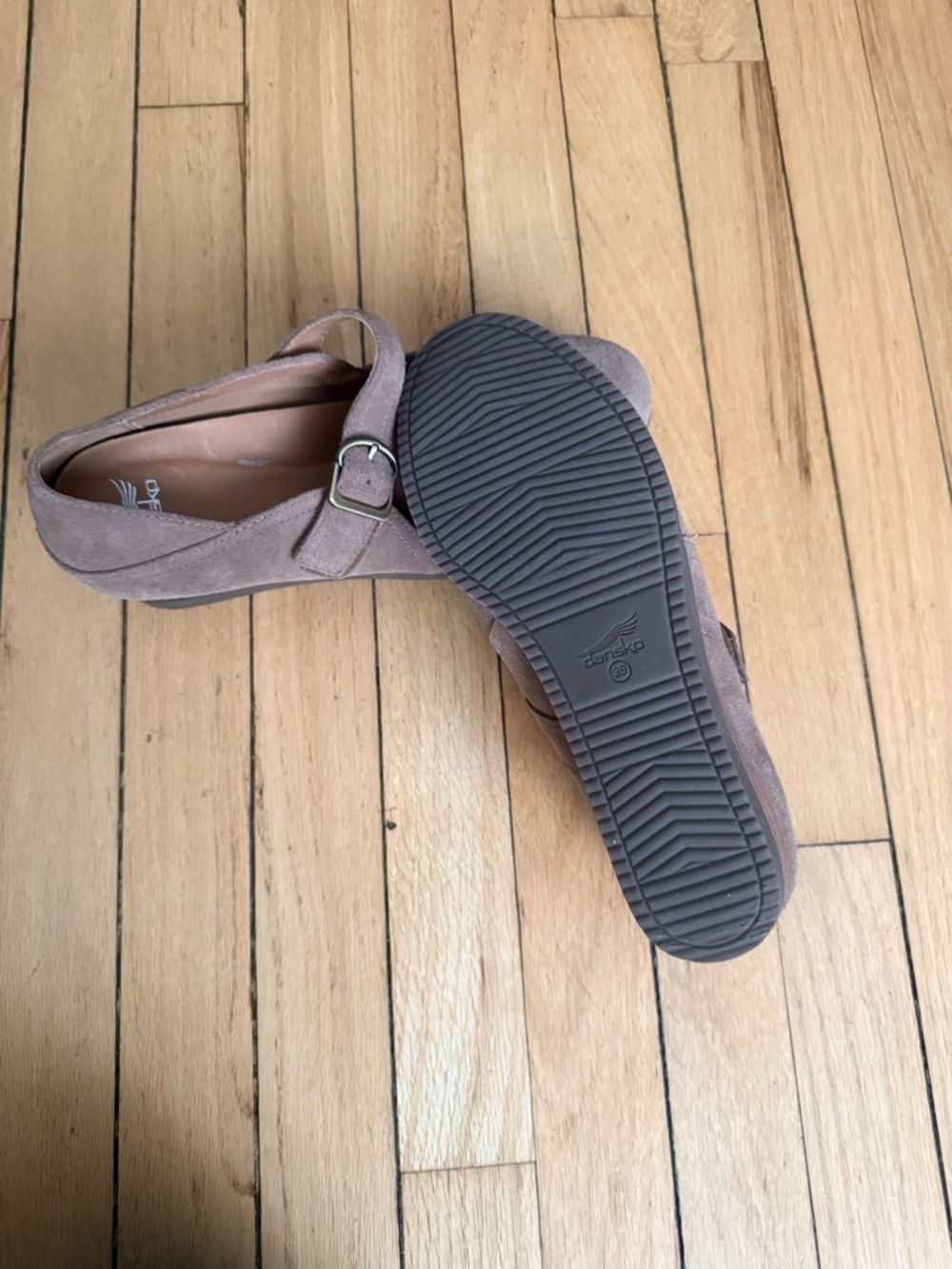 Dansko Taupe Suede Mary Jane Wedge with Buckle Strap - Picture 3 of 6